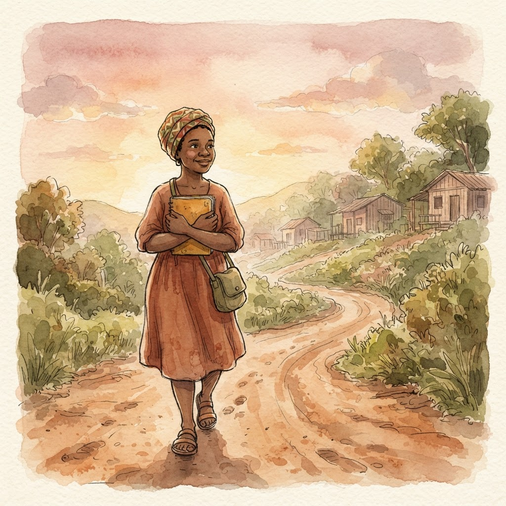 Uma mulher com um lenço na cabeça caminha por uma estrada de terra ao amanhecer, abraçando um caderno.