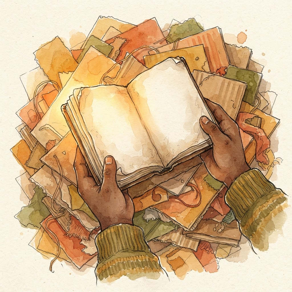 Duas mãos tiram um caderno amassado de páginas em branco de um monte de papel jogado fora.