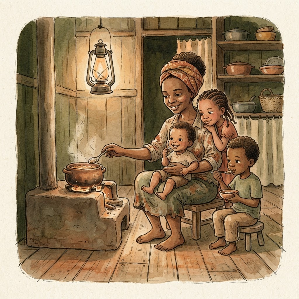 Dentro de um barraco, uma mãe e três crianças dividem a comida de uma panela pequena à luz de uma lamparina.