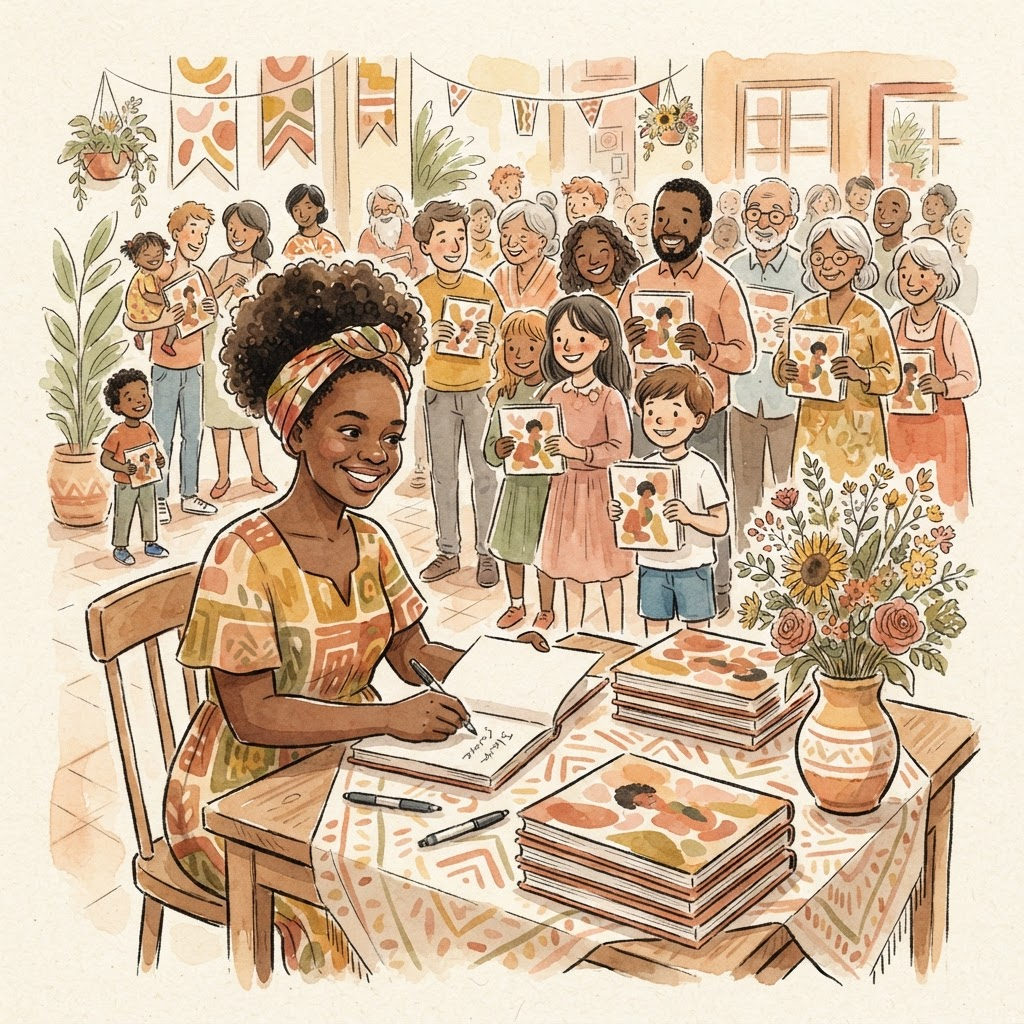 A autora sentada a uma mesa, sorrindo e assinando livros para uma fila de pessoas felizes.