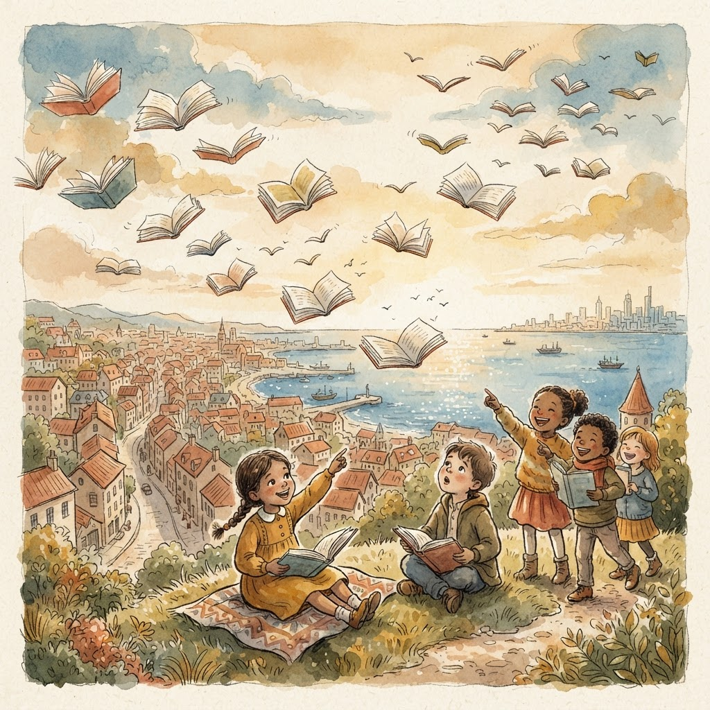 Livros abertos voando como pássaros por um céu quente, sobre telhados e o mar, com crianças olhando para cima.