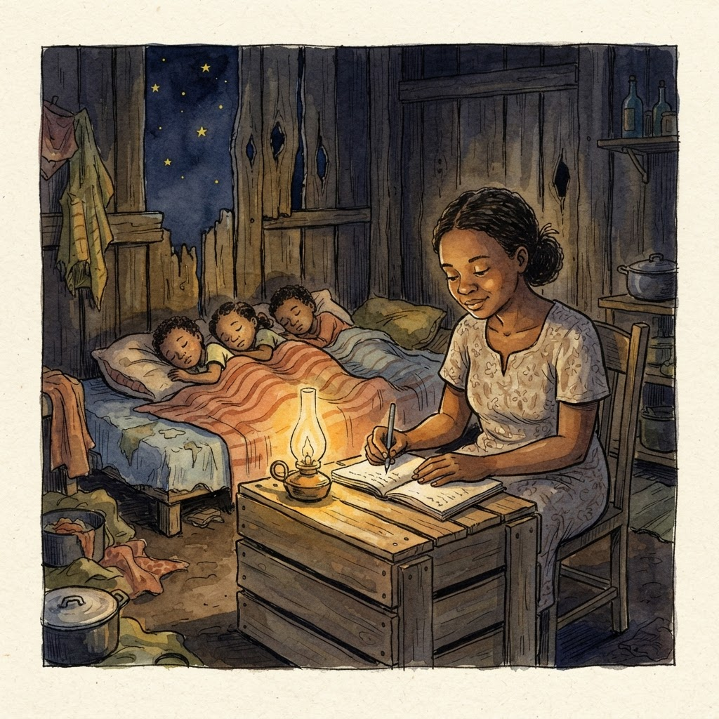 À noite, uma mulher escreve num caderno à luz de uma lamparina enquanto seus três filhos dormem.