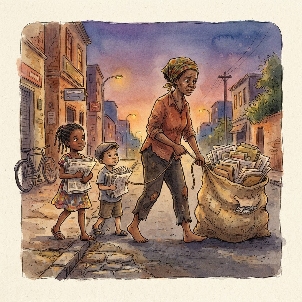 Uma mulher puxa um saco cheio de papel pela rua ao anoitecer, com duas crianças ao lado.